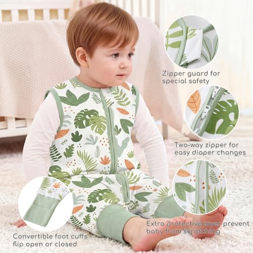 Image of Chilsuessy Toddler Sleep Sack with Feet 6-18 Months, 1.0 TOG Cotton Baby Wearable Blanket with Legs, Sleep Bag Walker with 2-Way Zipper, Monstera