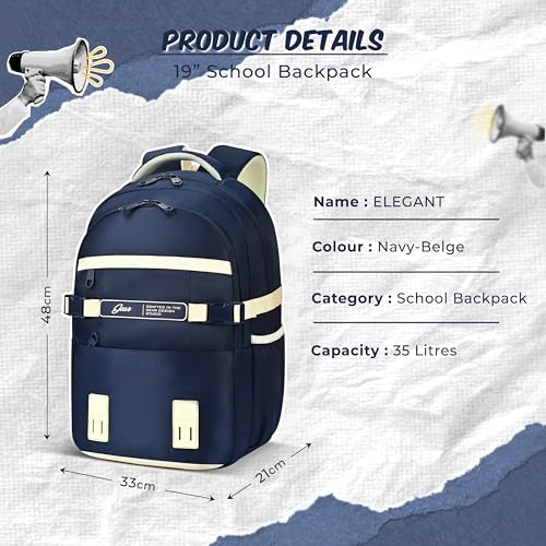 Image of Gear Elegant 19 inch /35L Large Water Resistant School Bag | Casual Backpack | Daypack | Travel Backpack | Kids Bag for Boys /Girls (Navy - Beige)