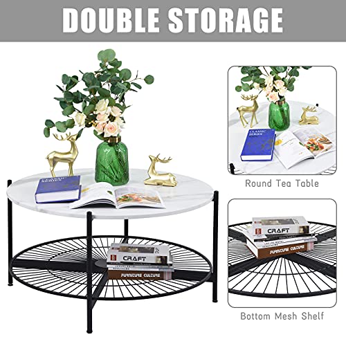 Image of NSdirect Round Coffee Table,2-Tier 36 inch Rustic Wooden Tabletop and Reinforced Crossbar with Open Storage Shelf Vintage Circle Cocktail Table with Metal Legs for Living Room,White