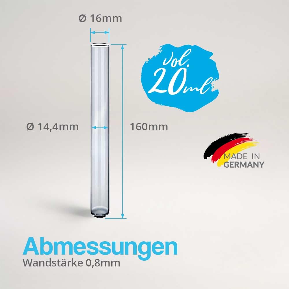 100x Eprouvettes en verre de laboratoire avec des bouchons en liège aggloméré, Tubes à essai, Paroi épaisse (160 x Ø16 mm)