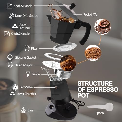 Image of Aluminum Electric Moka Pot 3-6 Cup 270ml Express Coffee Maker Stovetop Espresso Portable Coffeemaker Italian Classic Brewing Greca Cafe Mocha with Removable Base and Overheating Protection Machine