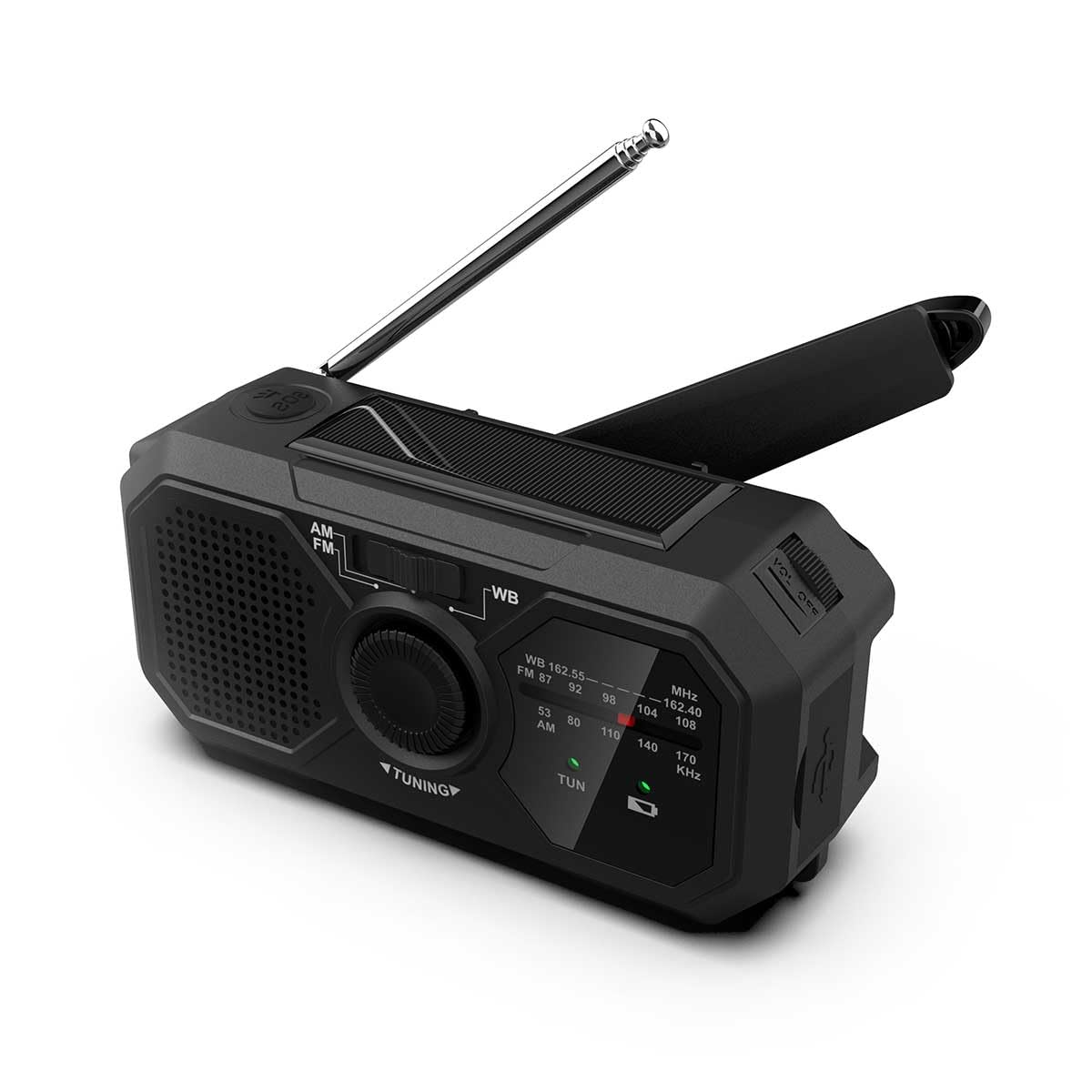 SOLARIS Tragbarer Kurbelradio mit integrierter Taschenlampe, Solarpanel und Handkurbel-Ladefunktion.