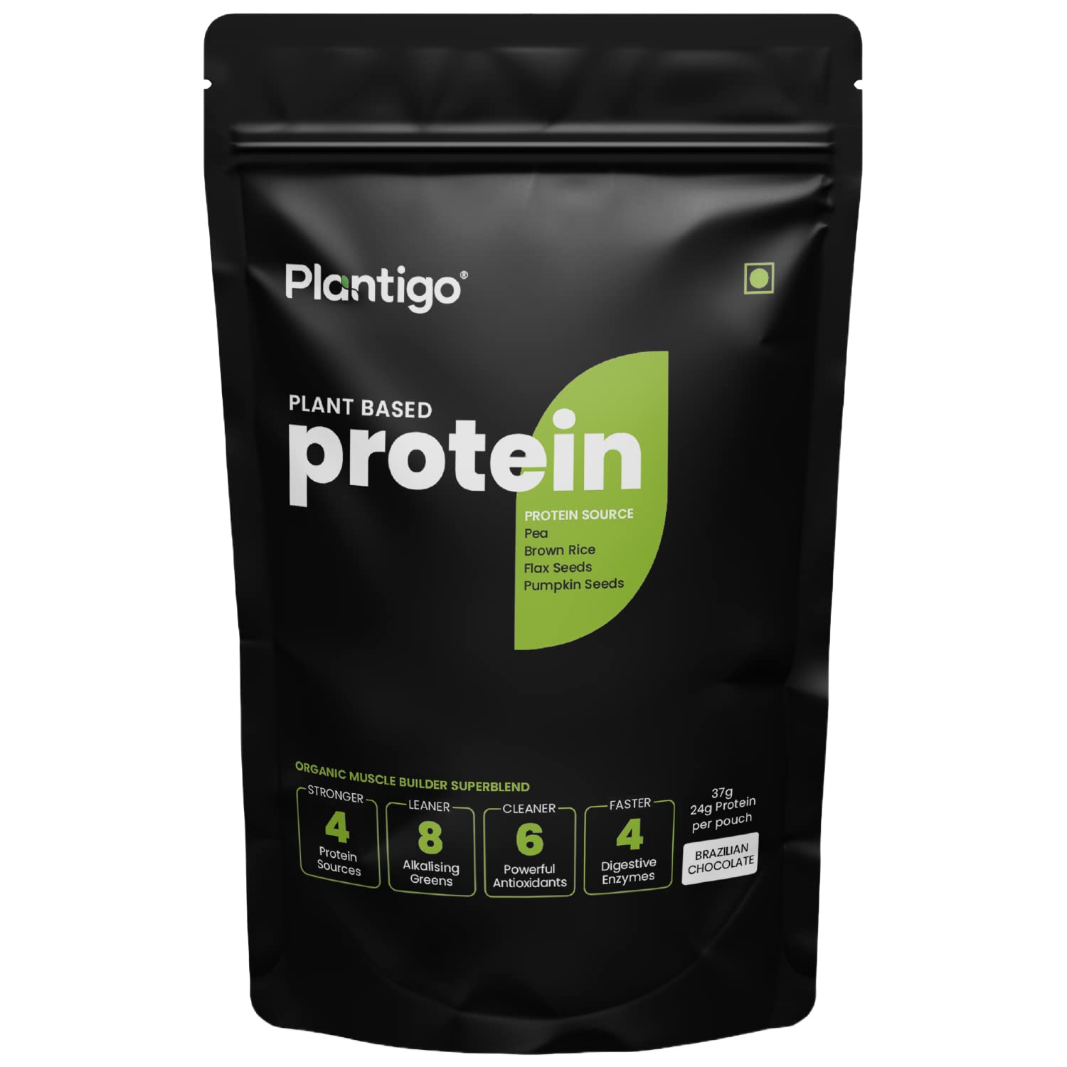 Plantigo Clean Plant Protein Powder | No Preservatives, No Banned Substances |Super Protein Blend- Pea, Brown Rice | Vegan Green Protein For Men, Women (Brazilian Chocolate -40g Travel Pouch | Sachet)