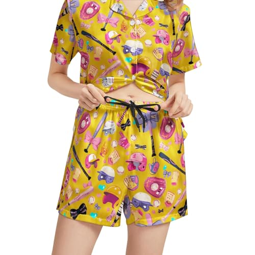 Image of Funny Satin Pajamas Set for Women Button Down Sleepwear Print Pjs Set 2 Piece Short Sleeve Loungewear Gift for Women