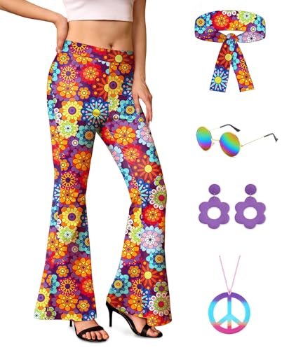 Womens Summer Flared High Waist Stretch Hippie 60s 70s Outfits Bell Bottom Go Go Pants Purple Floral M