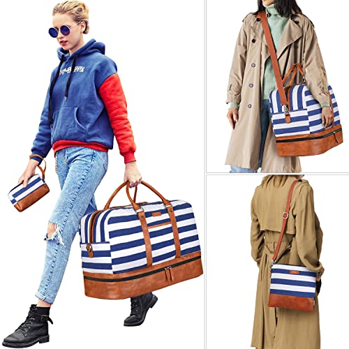 Image of Weekender Bag for Women, Large Overnight Bag Canvas Travel Duffel Bag Carry On Tote with Shoe Compartment 21 inch 3Pcs Set, A14-brown+blue & white stripes, Large
