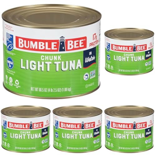 Image of Bumble Bee Chunk Light Tuna In Water, 66.5 oz Bulk Food Service Can - Wild Caught Skipjack Tuna - 17g Protein Per Serving - MSC Certified Sustainable Seafood, Non-GMO, Gluten Free, Kosher (Pack of 5)