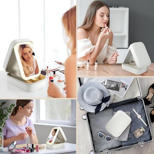 Image of APOPHIS Small Travel LED Makeup Mirror Case with 3 Adjustable Color Light Settings, Dust-Proof Jewelry Box, Mini Cosmetic Train Case Ideal for Short Trips, White, Cosmetic Bag with Led Mirror (Green)