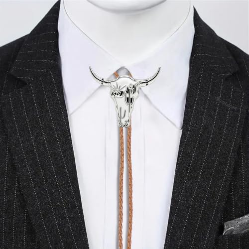 Image of GelConnie Bola Tie for Men White Longhorn Skull Western Cowboy Tie Cord | White Western Skull Bolo Tie with Cactus Motif, Adjustable Faux Leather Cord for Bola Tie for Men and Country Wedding Attire
