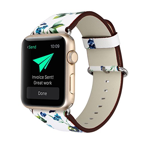YOSWAN Bracelet for Apple Watch, National Black White Floral Printed Leather Watch Band 38mm 42mm Strap for Apple Watch Flower Design Wrist Watch Bracelet (White+ Green Flower, 42mm)