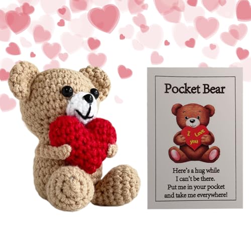 Oso de peluche de ganchillo – poliéster 9x6x6 Cm | Animal acolchado hecho a mano con bolsillo | Juguete oso lindo accesorios de decoración del hogar | Para niños Regalos De Cumpleaños Y Juego Q