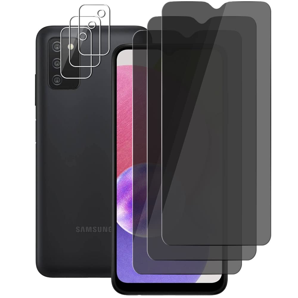(3+3) Protector de pantalla de privacidad para Samsung Galaxy A03s (paquete de 3) película de vidrio templado privado antiespía y (3 unidades) Protector de lente de cámara, dureza 9H, 2.5D