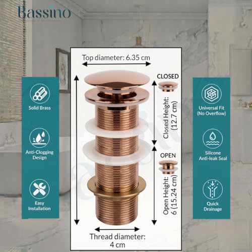 Image of BASSINO Premium 5 Inch Brass Waste Coupling /Washbasin Drainer /Rust-Proof Pop-Up for Basin /Drain Stopper for Tabletop, Wall-Mount & Pedestal Wash Basins(Glossy-Rosegold)