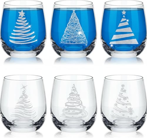 Pickmesh 6 Pcs Christmas Wine Glass 12oz Christmas Tree Stemless Wine Glass Funny Xmas Themed Drinking Cups Merry Xmas Party Gifts for Women Men Family