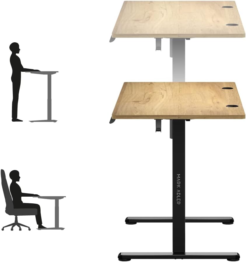 Illustration showing a person sitting at the desk and another person standing at the desk, demonstrating the ergonomic benefits of height adjustment.