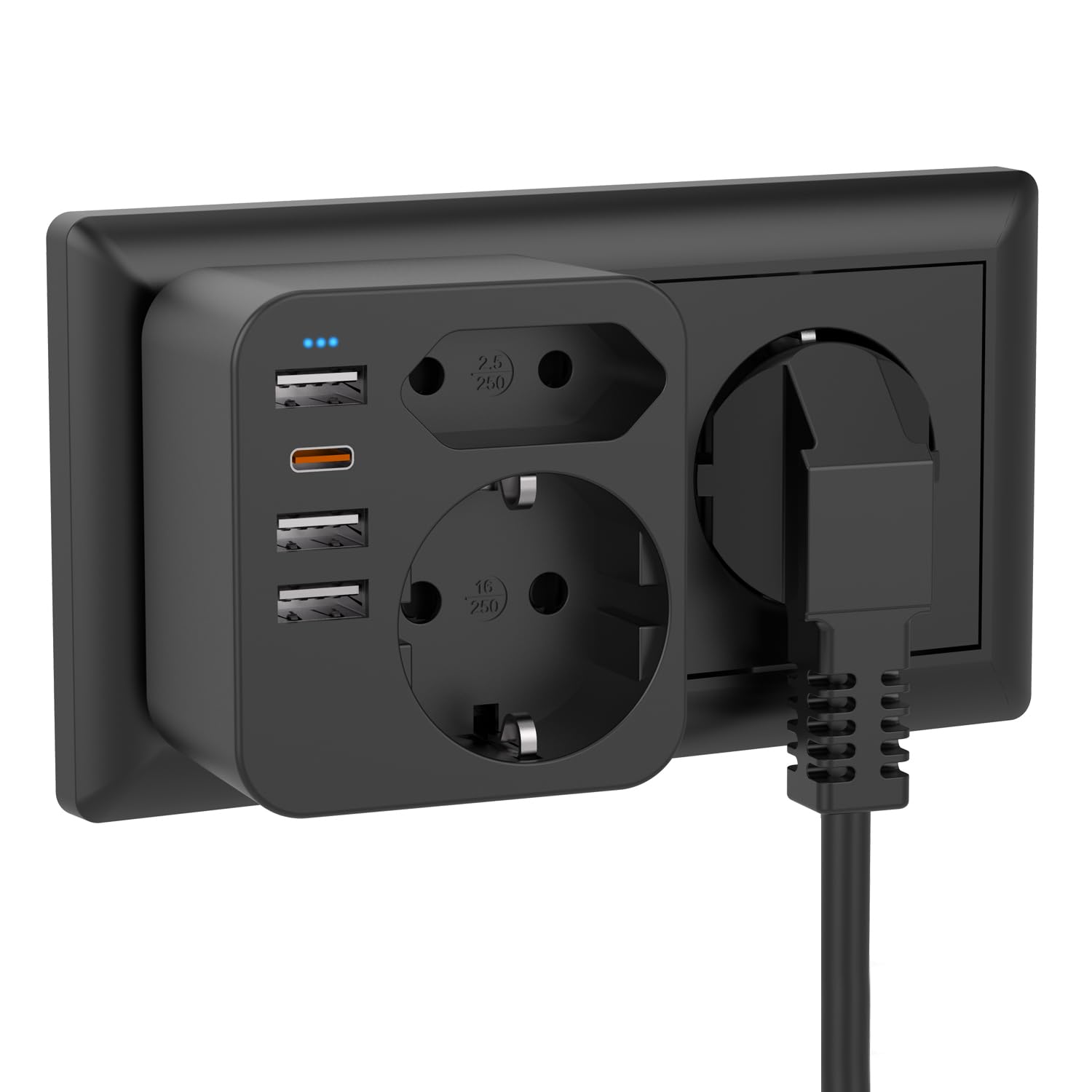 Ladrón De Enchufes 7 En 1 Con USB – 2 Tomas Europeas + 1 Schuko, 3 USB-A Y 1 USB-C, Interruptor, Ideal Para Oficina Y Hogar (máx. 4000W)