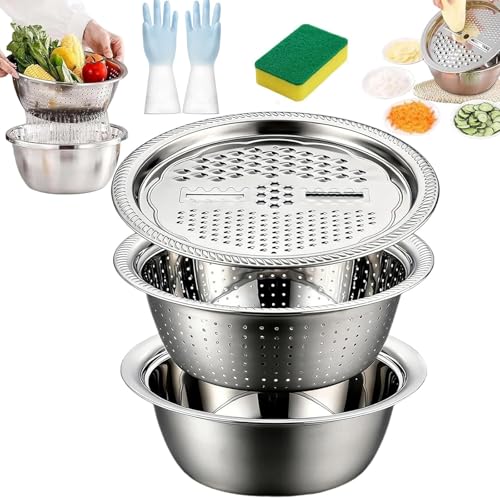 Allemagne Bol multifonctionnel en acier inoxydable,ensemble bol et râpe 3 en 1 en acier inoxydable,ensemble avec râpe,passoire,panier égouttoir et saladier,passoire et panier égouttoir (28cm/11.02in)