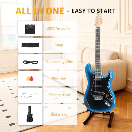 Image of GLARRY Full Size Electric Guitar for Music Lover Beginner with 20W Amp and Accessories Pack Guitar Bag (BLACK & BLUE, 39 inch Right Handed)