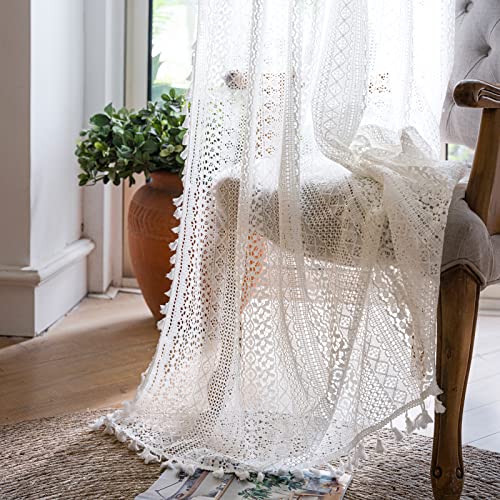 WAZZIO Cotton Crochet Semi Sheer Curtains 45 inch Length,Rod Pocket