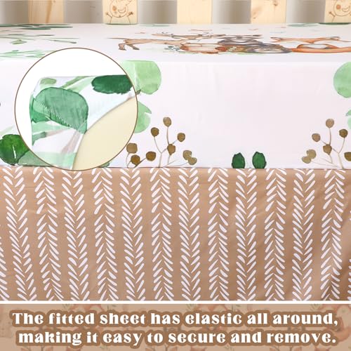 Image of Hahafelt 3 Pcs Baby Crib Bedding Set Safari Animals Dinosaurs Bear Woodland Animals Jungle Crib Set Includes Quilt, Fitted Sheet, Skirt for Baby Boy Girl(Green,Woodland Raccoons Deer Etc.)