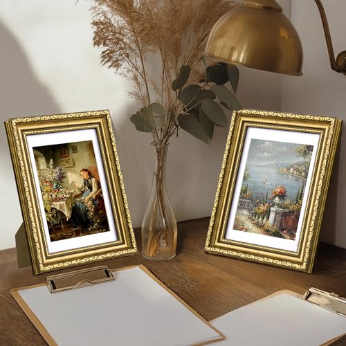 Image of eletecpro 5x7 Vintage Picture Frame, Glass Cover, Gold, 2-Pack | Display Photo 4x6 with Mat or 5x7 without, Horizontal or Vertical, Tabletop or Wall Decor