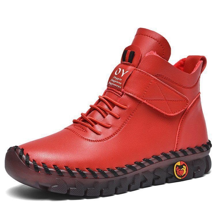 Womens High Top PU Leather Orthopedic Ankle Boots - Comfortable Flat Feet Warm Winter Booties Handmade Non-Slip Lace-Up
