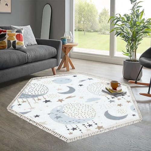 Mbzpbdbapy YUANNHSFL6L5B-HEXAGON Hexagon Boho Rug Cute Moon Stars Clouds Kids Trendy Chic Washable Area Rug Hallway Runner Rug Minimalist Meditation Mat thumb #2