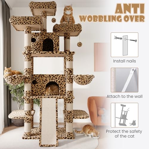 Image of SHA CERLIN 81 Inches Extra Large Cat Tree for Indoor Adult Cats /XXL Big Cat Tower with Condo /Cozy Perches /Sisal Scratching Posts and Hammocks /Activity Center /F80 /Heavy Duty /Leopard Print