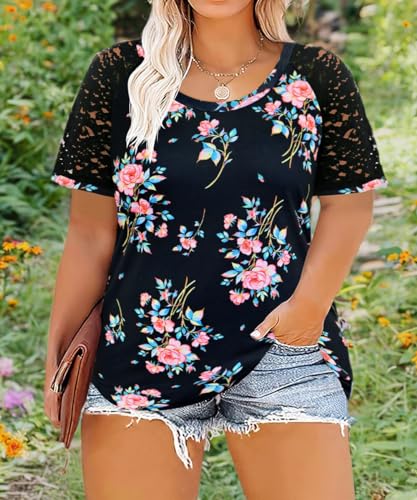 Image of CARCOS Plus Size Tops for Women Short Sleeve Raglan Striped Tee Color Block Crewneck /V Neck Tunic Loose Fit Summer XL-5XL