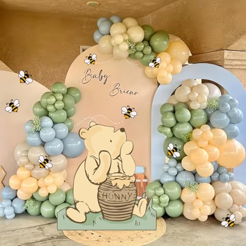 131PCS Classic Winnie Baby Shower Birthday Decorations Large Winnie Coroplast Cutout with Stand Neutral Balloons Arch& Bee Stickers for Gender Reveal First Birthday Photo Props & Pooh Party