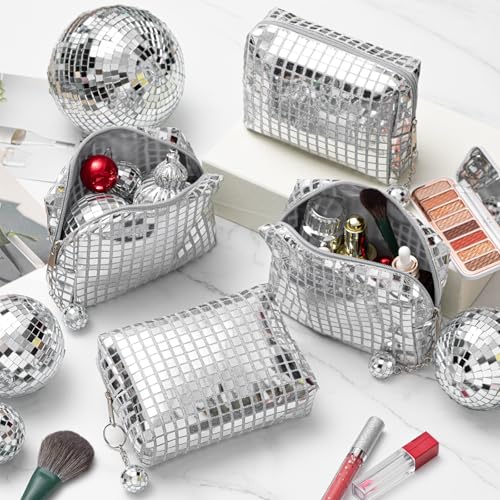 6 Pack Large Capacity Disco Cosmetic Bags Portable Silver Glitter Sequin Makeup Organizer with Zipper Disco Ball Rectangular Quilted for Bachelorette New Years Eve, 70s, 80s, 90s Party Favors4