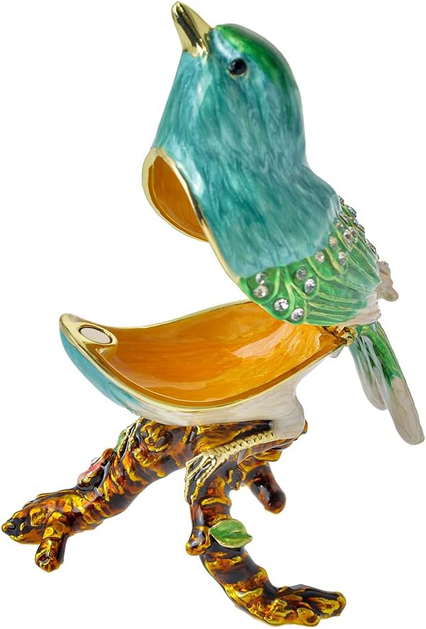 Golden Crystal Enameled Bluebird Jewelry Box, Hand-Painted Hinged Mountain Bluebird Trinket Box, Elegant Home Décor & Unique Gift for Bird Lovers