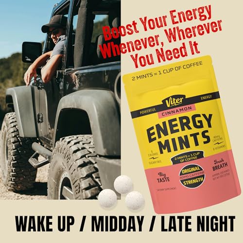 Image of Viter Energy 40mg Caffeine Mints - Sugar Free, B Vitamins, Vegan, Boosts Fast Energized Alert Focus, Caffeinated Nootropic Supplement Pills (Cinnamon Flavor, 8oz, Bulk Bag)