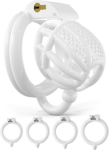 Miniatura 12 de Jaula de castidad jaula de aireación masculina para pene, dispositivos de castidad de panal para hombres, jaula para pene con 4 anillos de pene Rosa