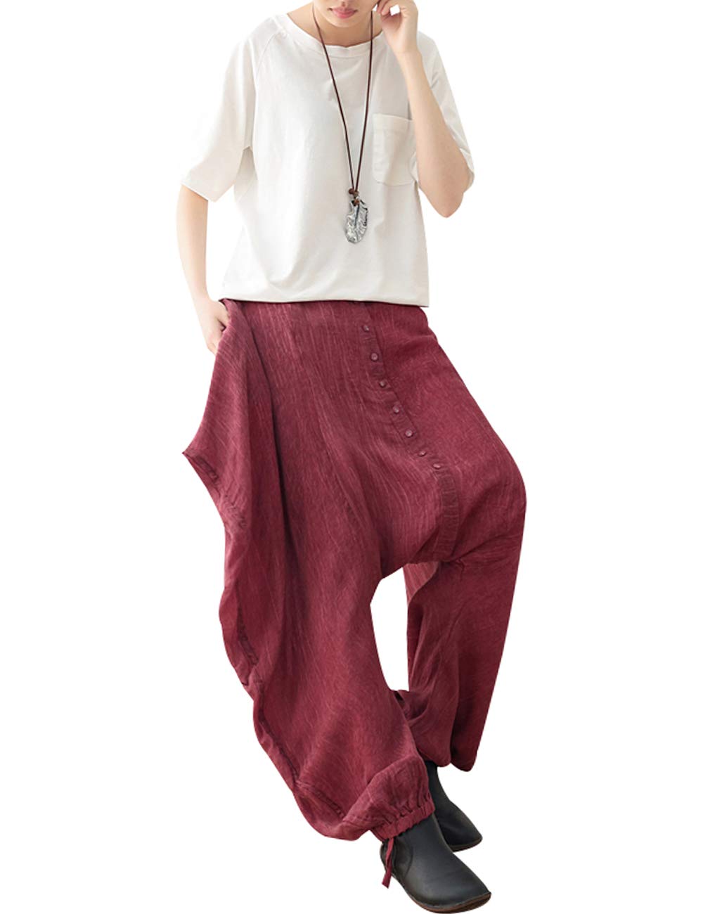 Mujer Verano Elástico Pantalon Ancho Lino Pantalones de harén