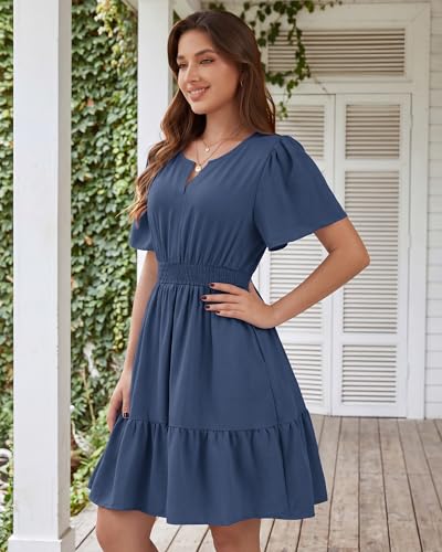 MFAVIP Womens 2026 Summer Casual Dress V Neck Ruffle Sleeve Elastic Waist A Line Flowy Boho Beach Vacation Sundress with Pockets A-Navy — view 2