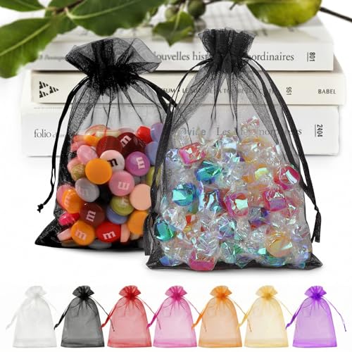 Image of ANZNKU 100 Pack Organza Bags 5 x 7 inch, Premium Black Favor Bags with Drawstring for Easter, Sheer Mesh Bag, Gift Bag Small Size, Mesh Pouches Drawstring Packaging Pouches for Wedding Party