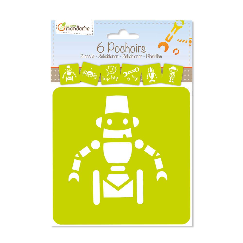 Avenue Mandarine - Ref 42841O - Stencil Set - Robot Designs - 6 Stencils Per Pack, Translucent for Easy Placement, Compatible with Felt Tips, Pencils, Paint & More