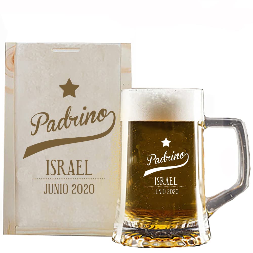 Regalo personalizado para padrinos: jarra de cerveza grabada con nombre y fecha, en caja de madera grabada con el mismo diseño