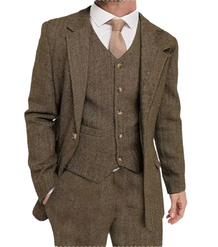 Män 3 delar kostym tweed brudgum smoking för män affärer bröllop män kostym jacka väst byxor set, Brun, XXL