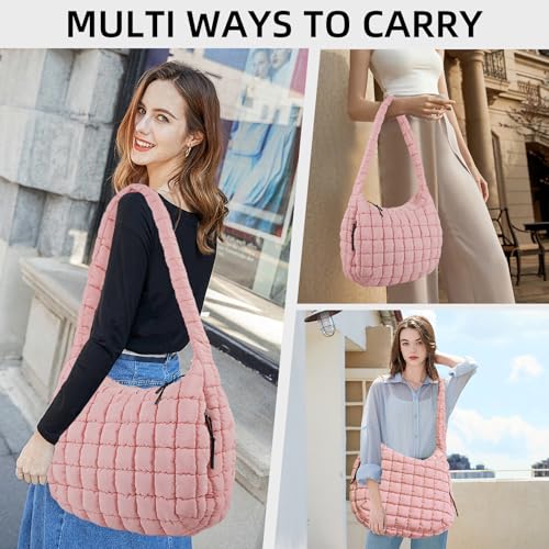 Image of Puffer Quilted Shoulder Bag Large Puffer Tote Bag for Women,Hobo Quilted Tote Bag Crossbody Shoulder Handbags Puff Purse