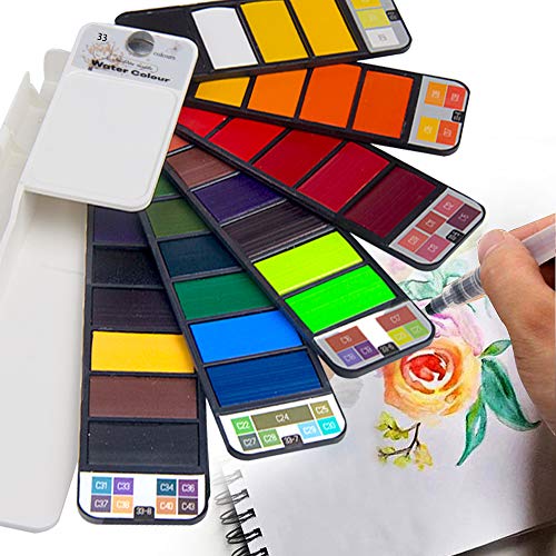 Fuumuui Ensemble Aquarelle Portable Voyage Peinture Aquarelle Solide Ensemble 33 Couleurs avec 1 pièces brosses à Eau pour Artiste Fournitures d'art étudiants dessinent la Peinture en Plein air