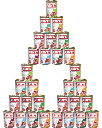 Rinti-Kennerfleisch 30 x 400g Mixpaket | 10 garantierte Sorten | getreidefreies Nassfutter mit 70% Fleisch & Innereien | ohne Soja | Hundefutter