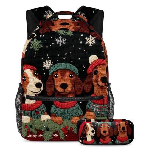 Sac à dos grande capacité teckel de Noël pour soulager le dos des étudiants avec trousse