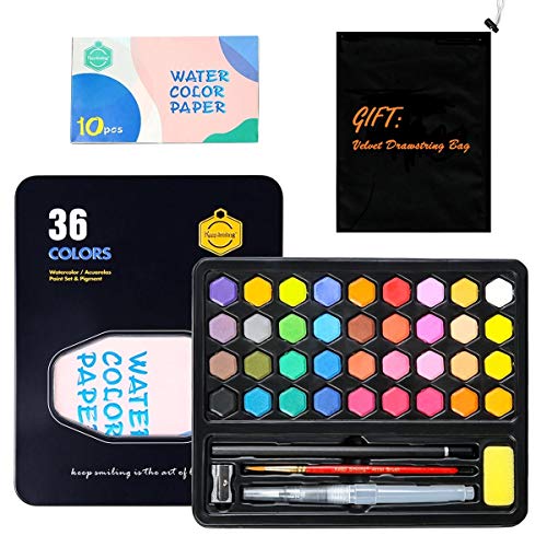 ZITFRI Kit de 36 colores de acuarelas, paleta porttil - Estuche de acuarela profesional +10 papeles +3 bolgrafos de acuarela para artistas principiantes y aficionados para viaje