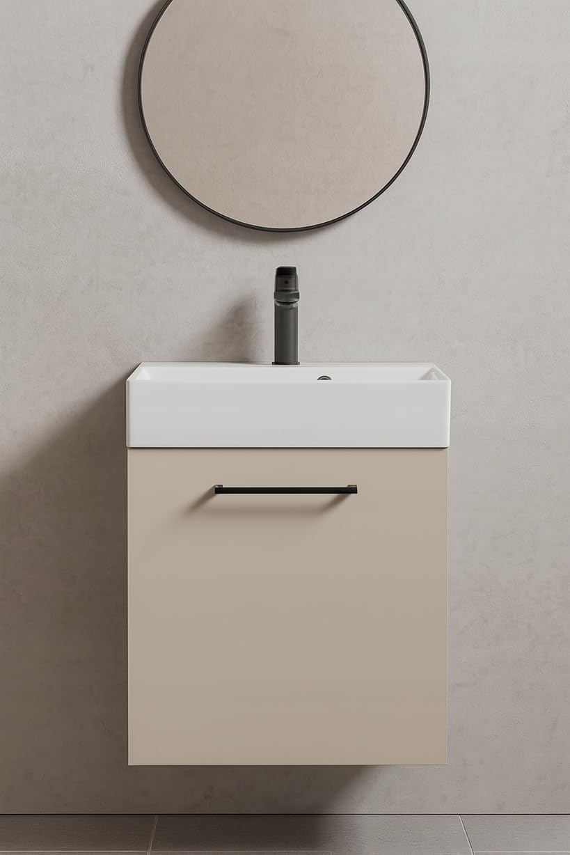 DomoDomo - Mobile sottolavabo da appendere, 60 x 50 cm, con lavabo e rubinetto, in cashmere opaco, profondità 30 cm, chiusura morbida, set con sifone e click-click