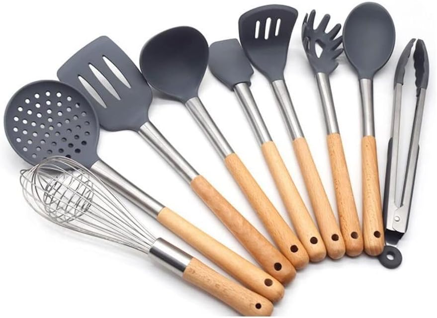 Silicone Cooking Utensil Set, 9 Piece - Cooking Utensils Set with Wood Handles for Nonstick Cookware