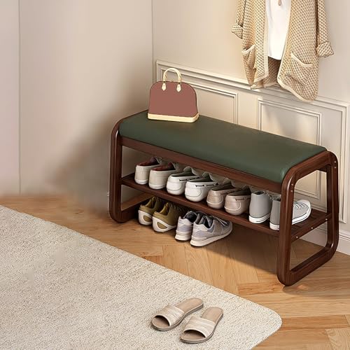Banco zapatero de madera con cojín acolchado, ahorro de espacio, almacenamiento para sala de estar y dormitorio, color verde elegante, 80 x 34 x 42 cm