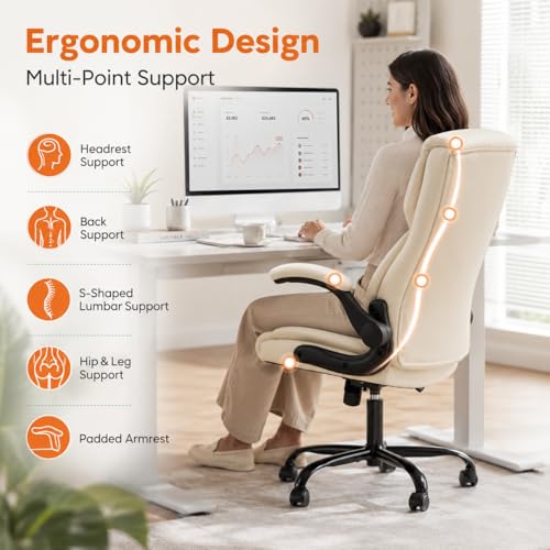 Image of Ergonomic PU Leather Office Chair - Executive Computer Desk Chair with Lumbar Support & Wide Seat, Adjustable Height Task Chair with 360 Swivel & Quiet Wheels for Home Office, Gaming, White