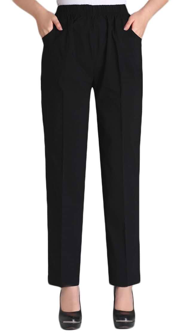 Soojun Womens Summer Elastic Waist Comfy Stretch Pull On Pants Casual Dress Slacks, Wrinkle Free Fabric, Front and Back Pockets, Breathable Lightweight Cotton Blend, Easy Care Wear
